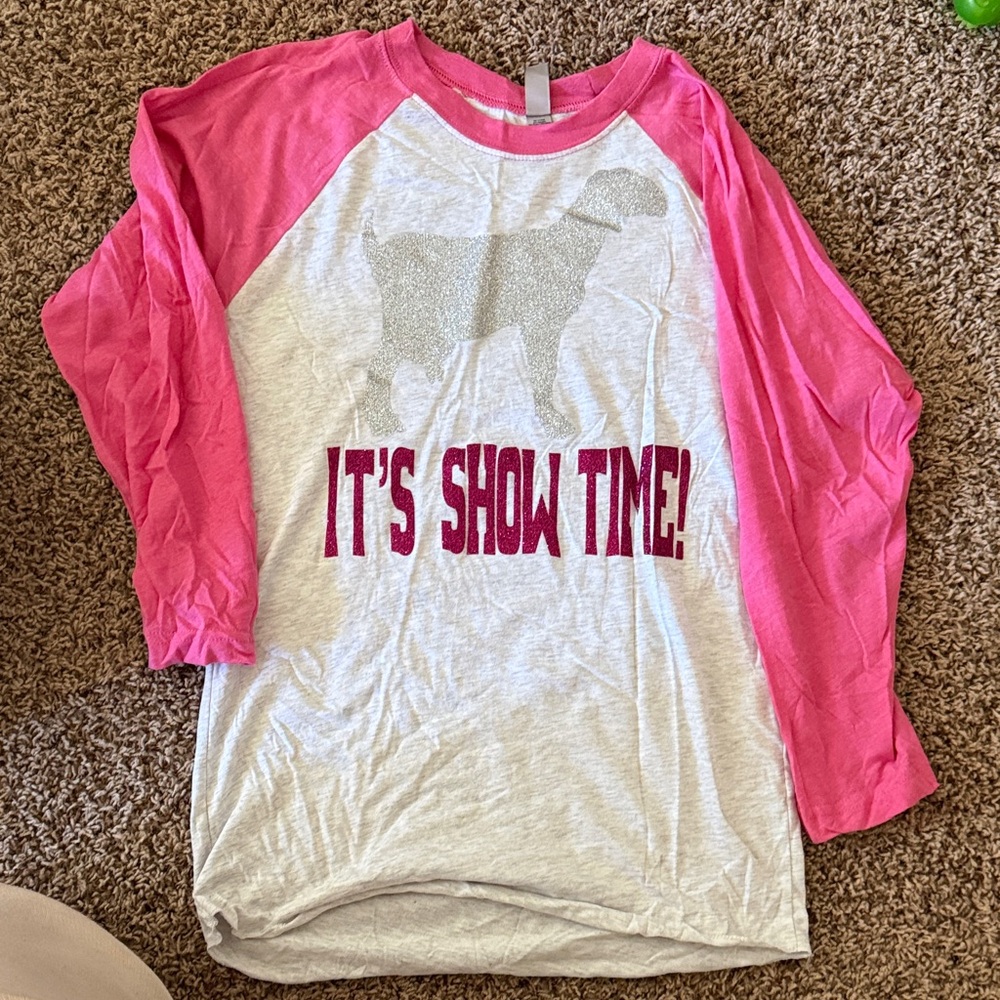 Women’s custom made Pink and White Goat Show “It’s Show Time” 3/4 sleeve
